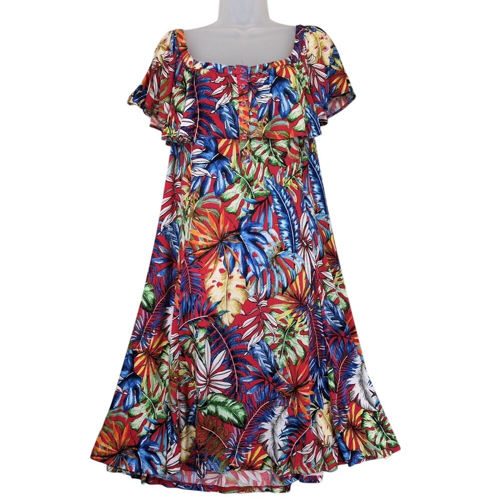 N Touch Tropical Print Flutter Sleeve Midi Dress, Size XL‎ Stretch Beachy Resort